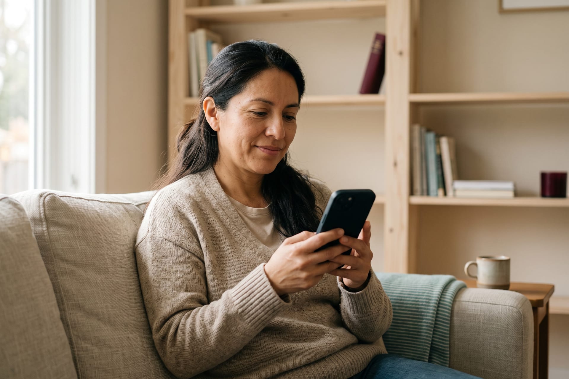 Una mujer adulta consulta su teléfono, sentada con calma en el sofá de una casa